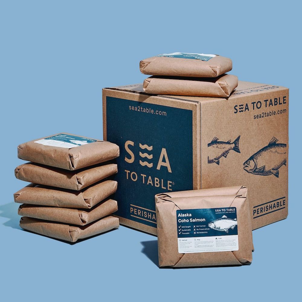 A Sea to Table box with frozen seafood packs
